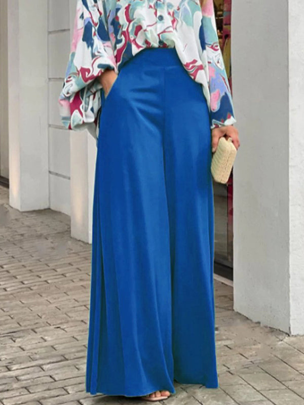 flowersverse Original Contrast Color Blouse&Solid Wide Legs Pants 2 Pieces Set