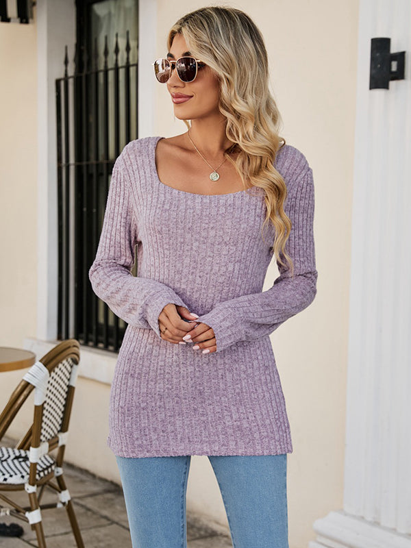 flowersverse Casual Long Sleeves Skinny Solid Color Square-Neck Sweater Tops