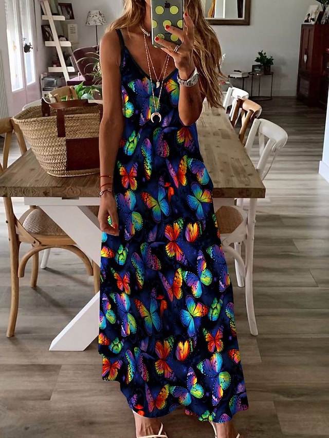 flowersverse Women's Long Dress Maxi Dress Casual Dress Swing Dress Graphic Casual Classic Vacation Beach Pocket Print Sleeveless Spaghetti Strap Dress Regular Fit Light Yellow Yellow Blue Spring Summer XS S M L
