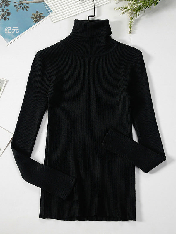 flowersverse Simple Skinny Solid Color High-Neck Sweater Tops