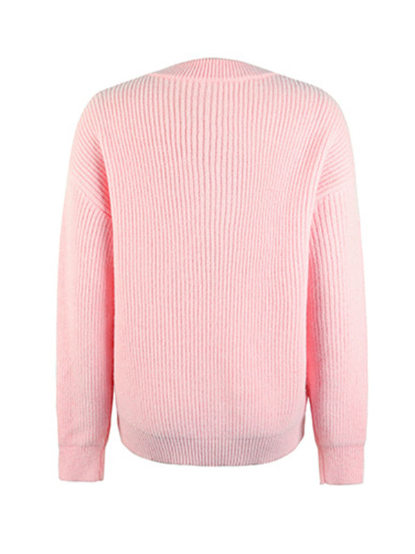 flowersverse Casual Long Sleeves Solid Color Round-Neck Sweater Tops