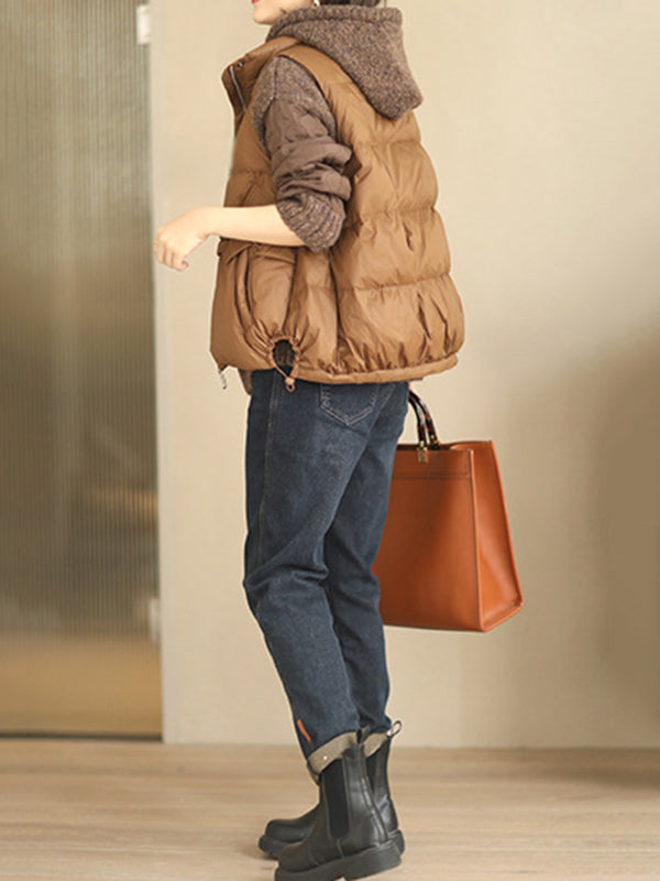 flowersverse Original Creation Loose Sleeveless Solid Color Zipper High-Neck Vest Outerwear