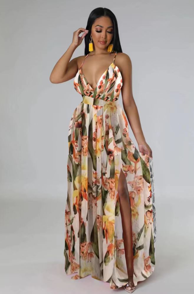 flowersverse Floral V Neck Flowy Split Maxi Dress