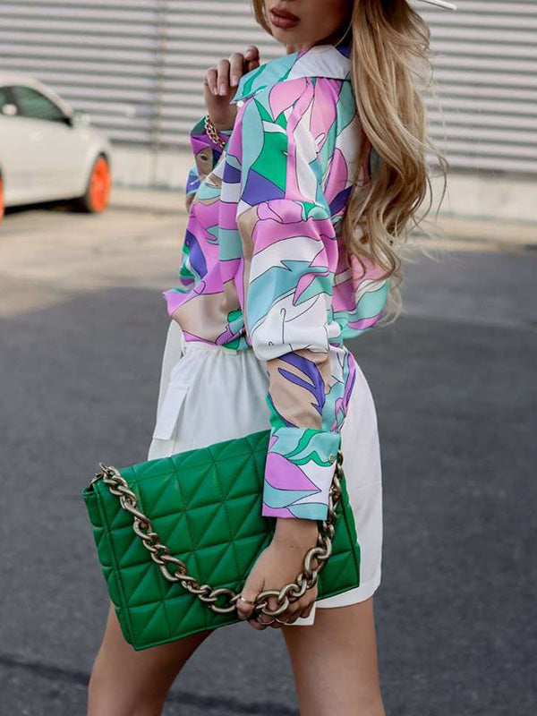 flowersverse Casual Loose Printed Lapel Collar Blouses&Shirts Tops