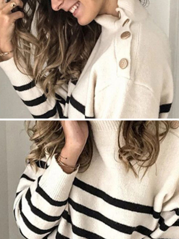 flowersverse Original Loose Striped Buttoned High-Neck Long Sleeves Sweater Top