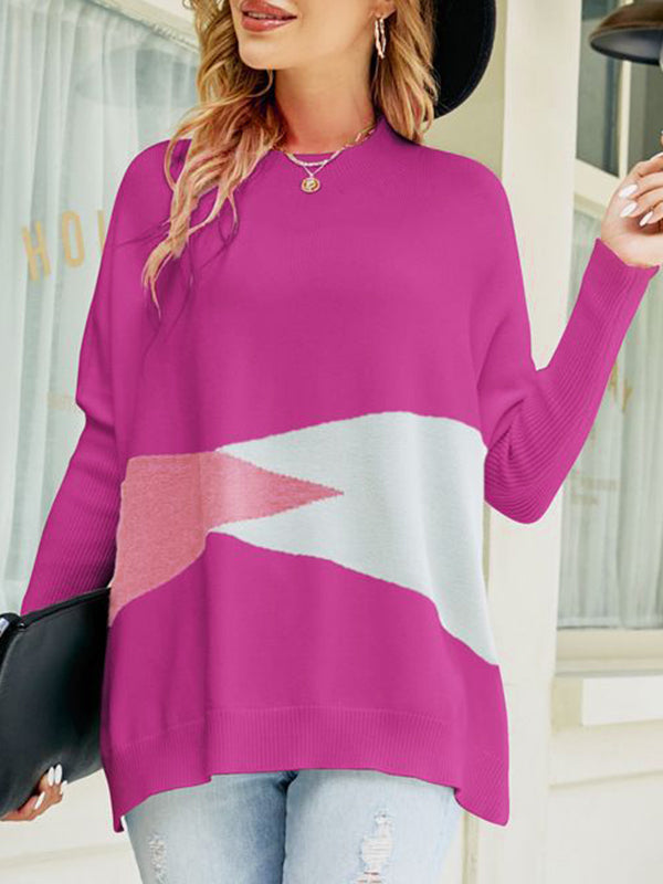 flowersverse Contrast Color Batwing Sleeves Long Sleeves Round-Neck Sweater Tops Pullovers Knitwear