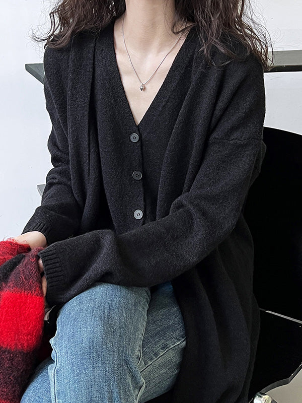 flowersverse Buttoned Solid Color Long Sleeves Loose V-Neck Knit Vest + Cardigan Two Pieces Set
