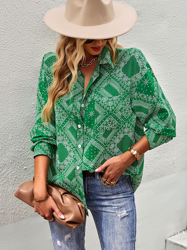 flowersverse Casual Loose Printed Lapel Collar Shirt Top