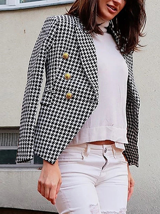 flowersverse Buttoned Houndstooth Long Sleeves Notched Collar Outerwear Blazer