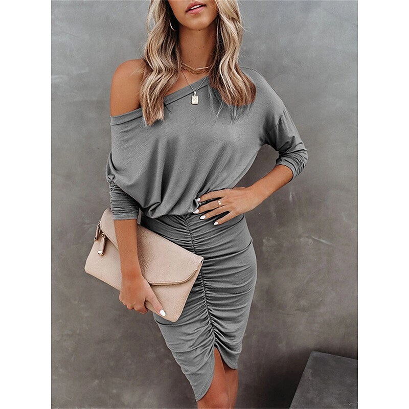flowersverse Women's Work Dress Sheath Dress Semi Formal Dress Formal Mini Dress Ruched Crew Neck Long Sleeve Plain Loose Fit Black Pink Blue Fall Spring S M L XL XXL