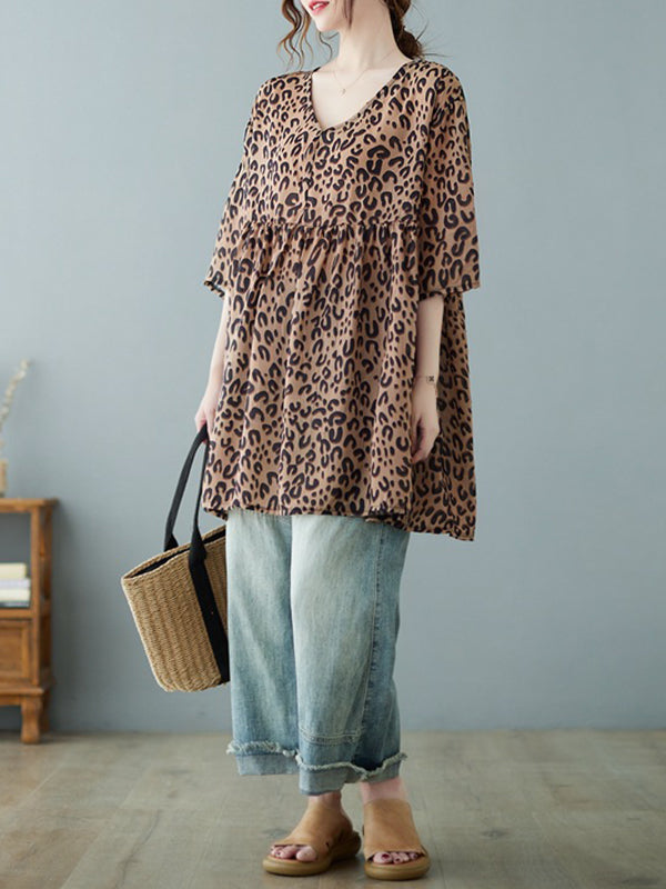 flowersverse Leopard Half Sleeves Loose V-neck T-Shirts Tops Blouses&shirts Tops
