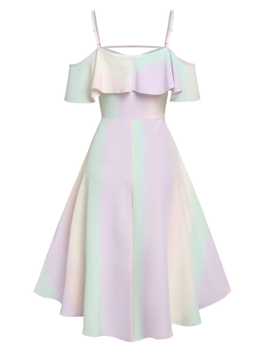 flowersverse Elegant Vacation Dress Women Cold Shoulder Colorful High Low Dress Plus Size Casual Vintage Party Dress Midi Robe 3XL