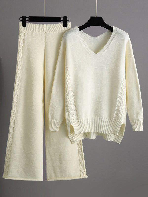 flowersverse Urban Loose Solid Color V-Neck Sweater Tops& Wide Leg Pants Suits