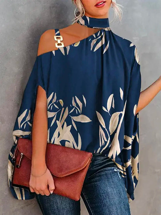 flowersverse Printed Asymmetric One Shoulder High-Neck Blouse Tunic Top
