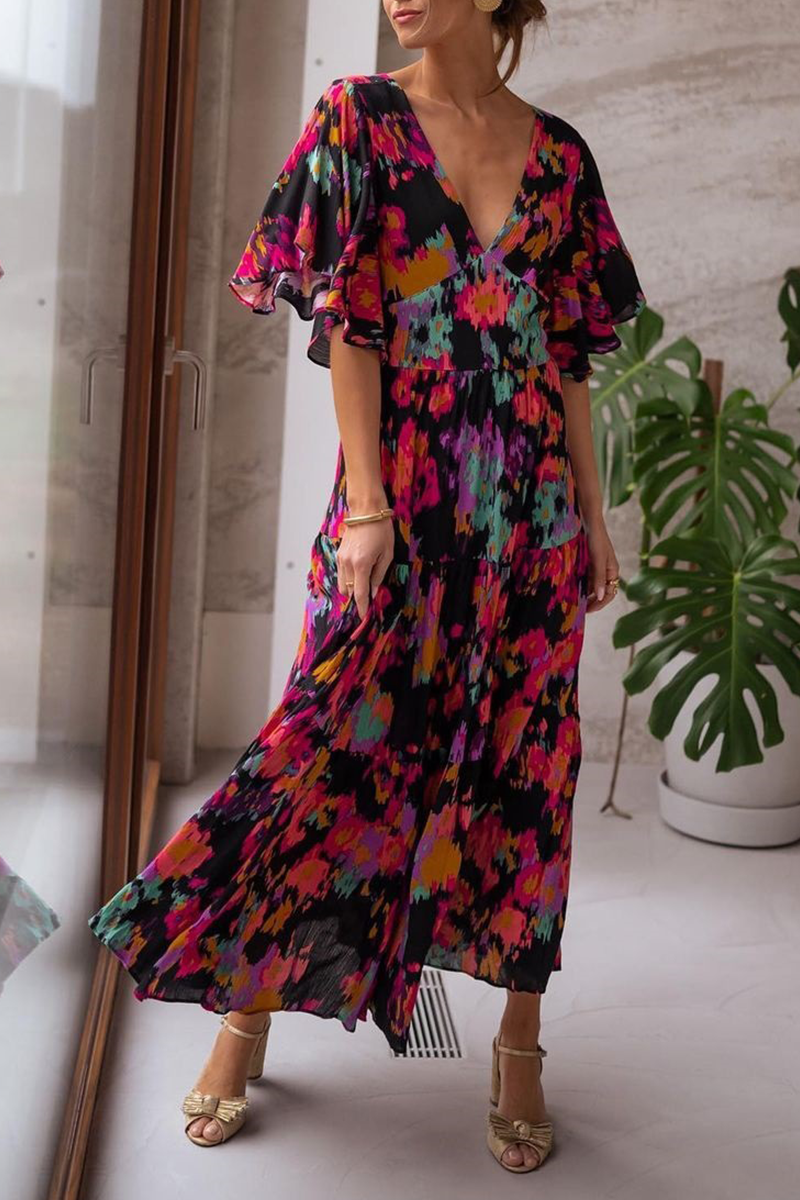 flowersverse Casual Print Flounce V Neck Cake Skirt Dresses