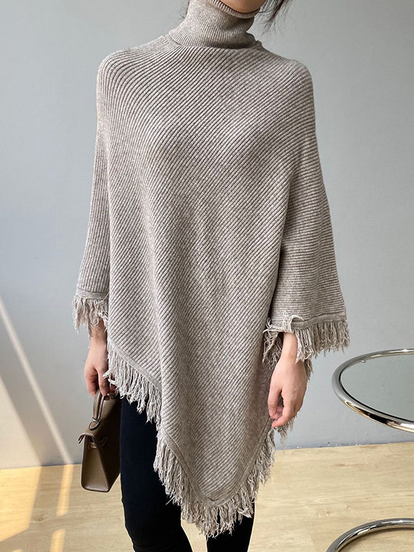 flowersverse Casual Loose Tasseled Solid Color High-Neck Sweater Tops