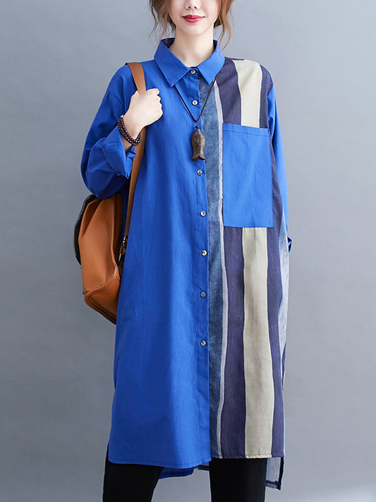 flowersverse Original Buttoned Contrast Color Split-Joint Long Sleeves Lapel Blouse