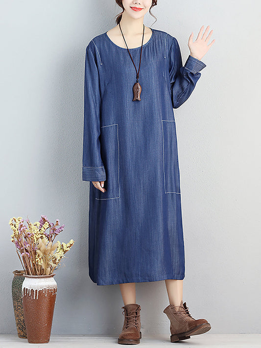 flowersverse Women Casual Spring Simple Round Neck Loose Dress