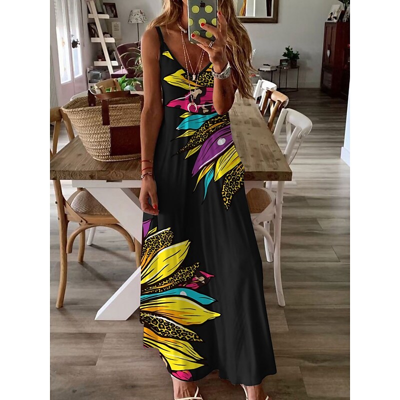 flowersverse Women's Long Dress Maxi Dress Casual Dress Swing Dress Graphic Casual Classic Vacation Beach Pocket Print Sleeveless Spaghetti Strap Dress Regular Fit Light Yellow Yellow Blue Spring Summer XS S M L