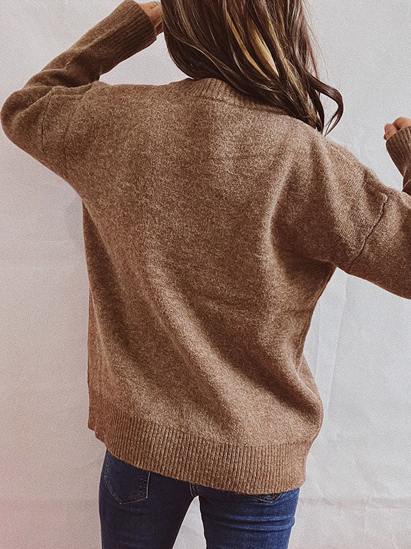 flowersverse Casual Loose Long Sleeves Solid Color Round-Neck Sweater Tops