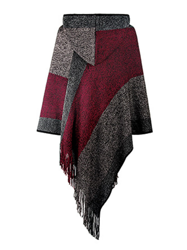 flowersverse Casual Loose Striped Tasseled Hooded Cape