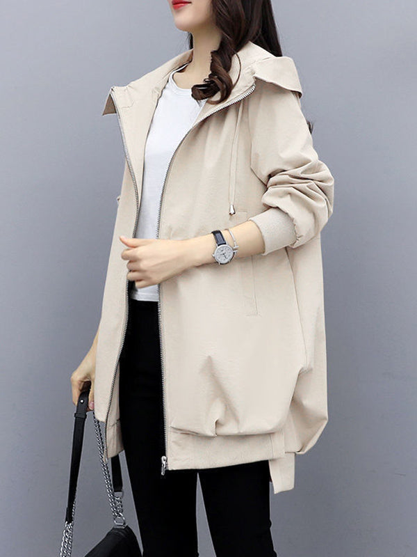flowersverse Casual Loose 4 Colors Pleated Zipper Hooded Long Sleeves Outwear