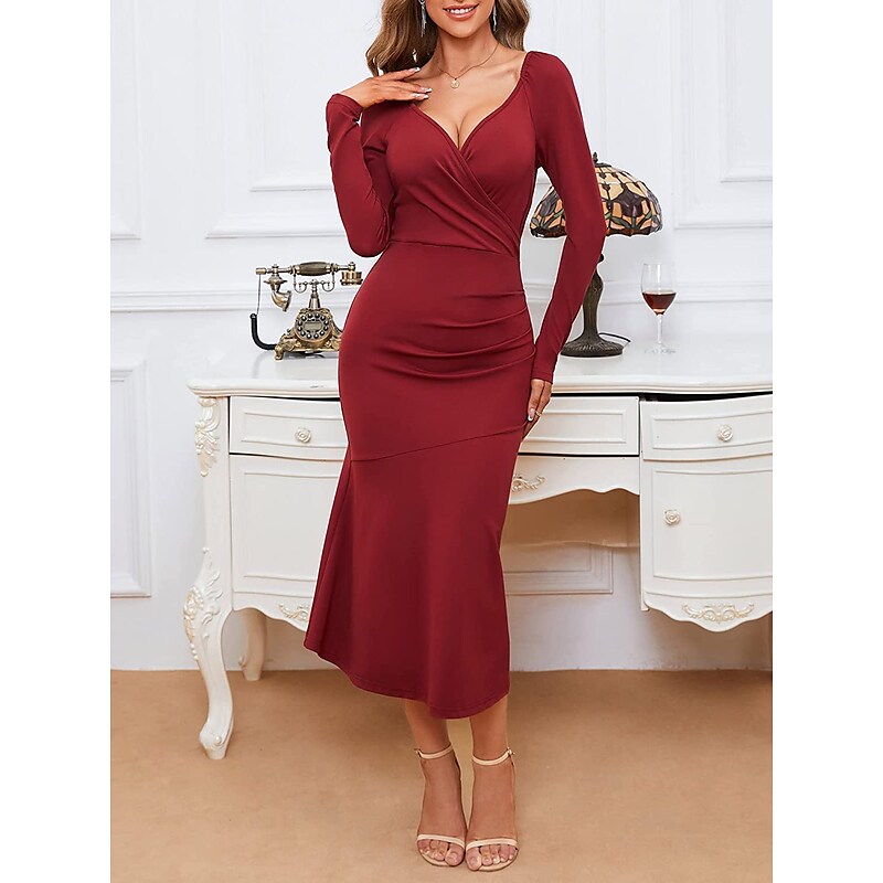 flowersverse Women's Semi Formal Party Dress Cocktail Dress Black Dress Midi Dress Black Pink Wine Long Sleeve Pure Color Backless Winter Autumn Deep V Stylish Winter Dress Fall Dress S M L XL 2XL