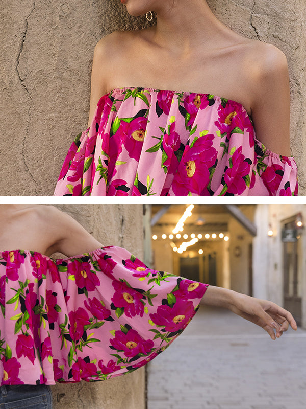 flowersverse Batwing Sleeves Floral Printed One-Shoulder Top
