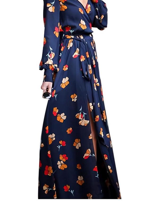 flowersverse Women's Chiffon Dress Maxi Long Dress Long Sleeve Floral Split Print Spring Casual Linen Royal Blue Black Dresses