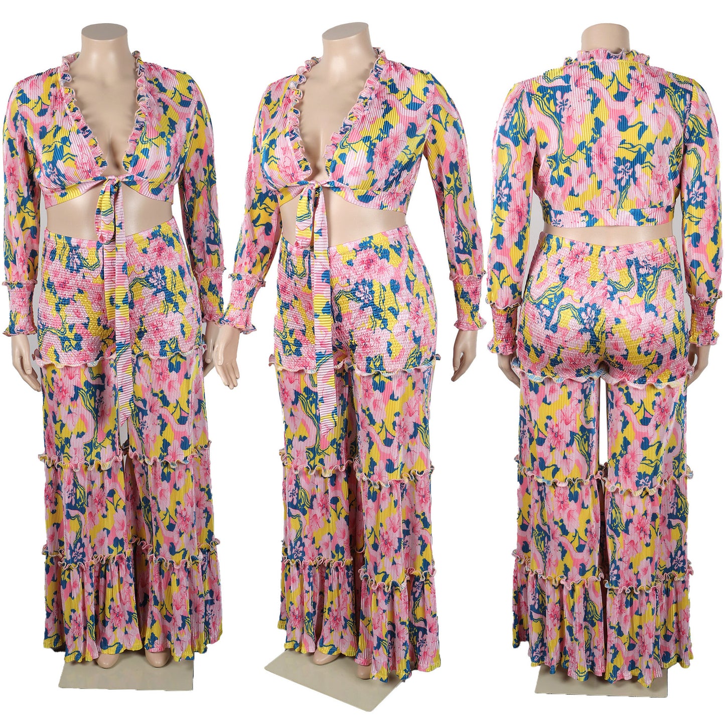 flowersverse Sexy Printed Pleated Long Sleeve Lace-Up Top Wide Leg Pants Plus Size Two-Piece Set