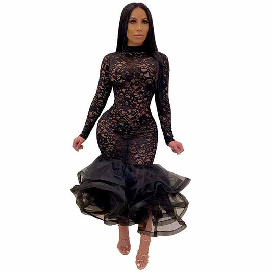 flowersverse High Waist Women's Dress Hollow Lace Plus Size Sexy Nightclub Skirt