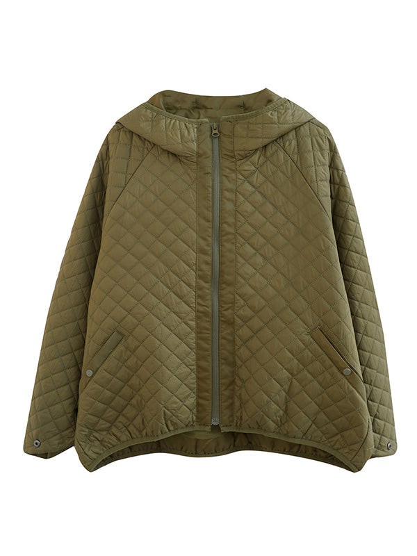 flowersverse Simple Long Sleeves Loose Keep Warm Solid Color Zipper Hooded Padded Coat/Down Coat