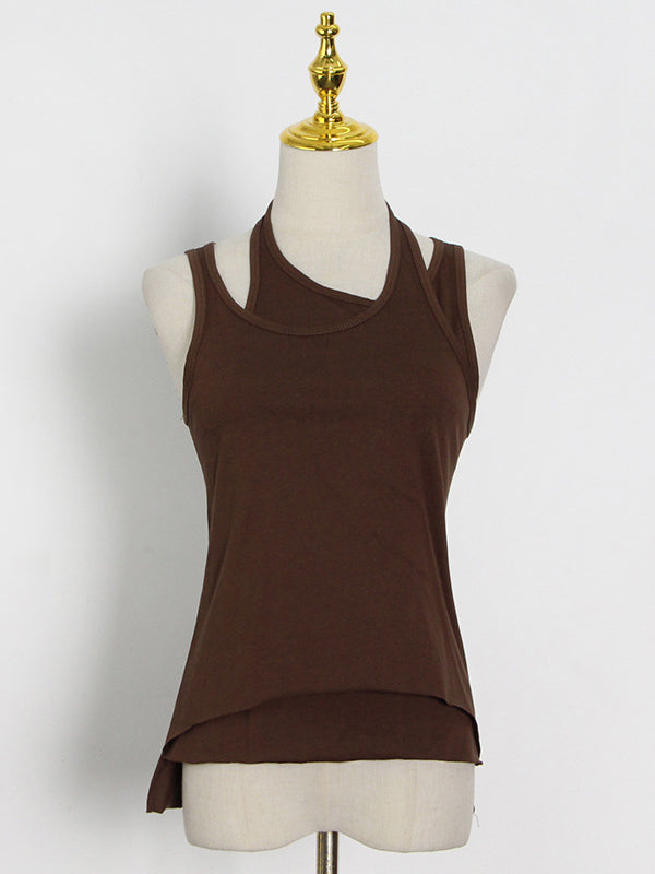 flowersverse False Two Solid Color Sleeveless Vest Tops