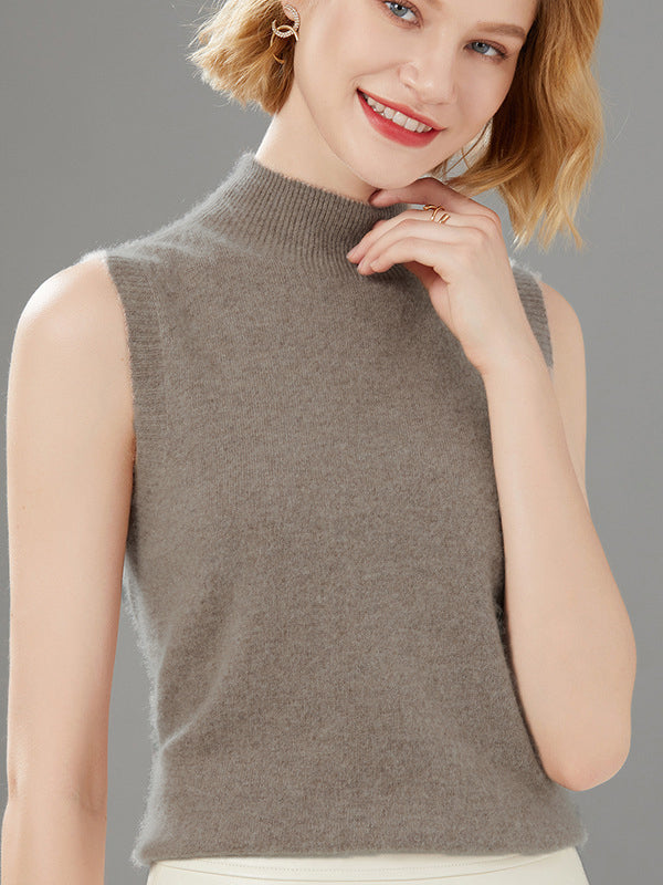 flowersverse Stylish Wool Sleeveless Solid Color Half Turtleneck Vest Top