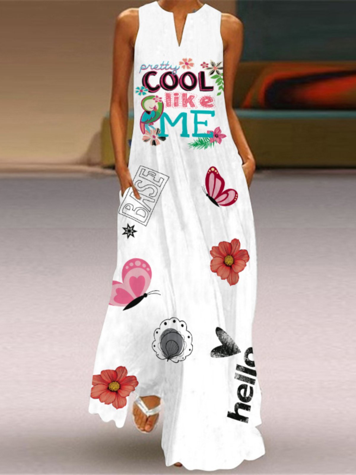 flowersverse Vintage Floral Printed Statement Plus Size Sleeveless V Neck Casual Knitting Dress