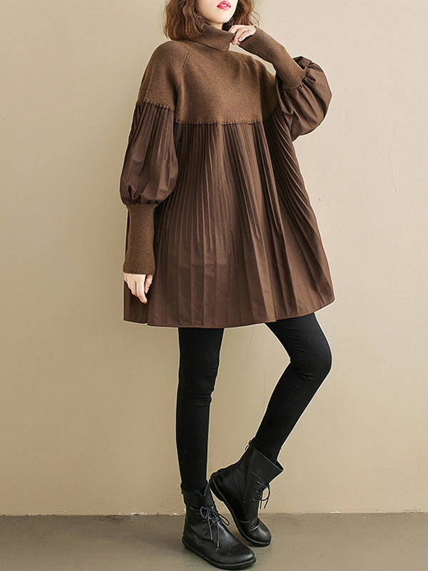 flowersverse Knitting Pleats Split-Joint High-Neck Pullover Top