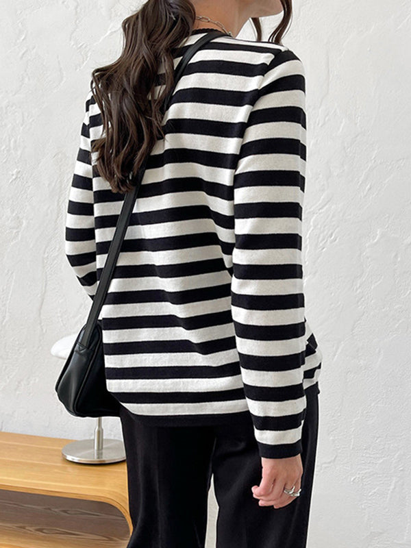 flowersverse Split-Joint Striped Long Sleeves Loose Round-Neck Sweater Tops