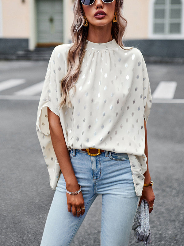 flowersverse Bandage Polka Dot Loose Round-Neck Blouses&Shirts Tops