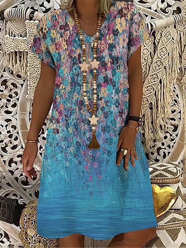 flowersverse Women's Shift Dress Midi Dress Blue Green Light Blue Short Sleeve Floral Print Spring Summer V Neck Casual S M L XL XXL 3XL