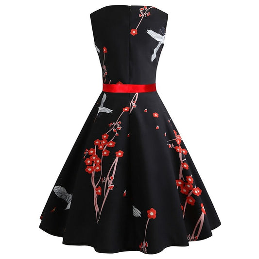 flowersverse Women's Elegant Retro Swing Dress Midi Dress Outdoor Daily Bow Print Floral Crew Neck Sleeveless Regular Fit Spring Summer Black S M L XL