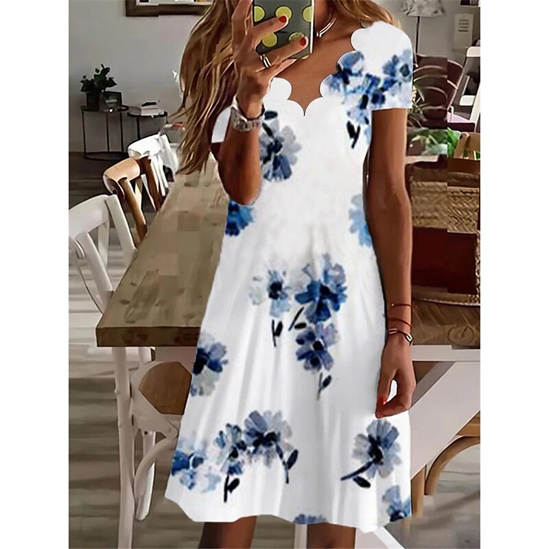 flowersverse Women's Casual Dress Shift Dress Midi Dress White Navy Blue Blue Short Sleeve Floral Print Spring Summer V Neck Vacation S M L XL XXL 3XL