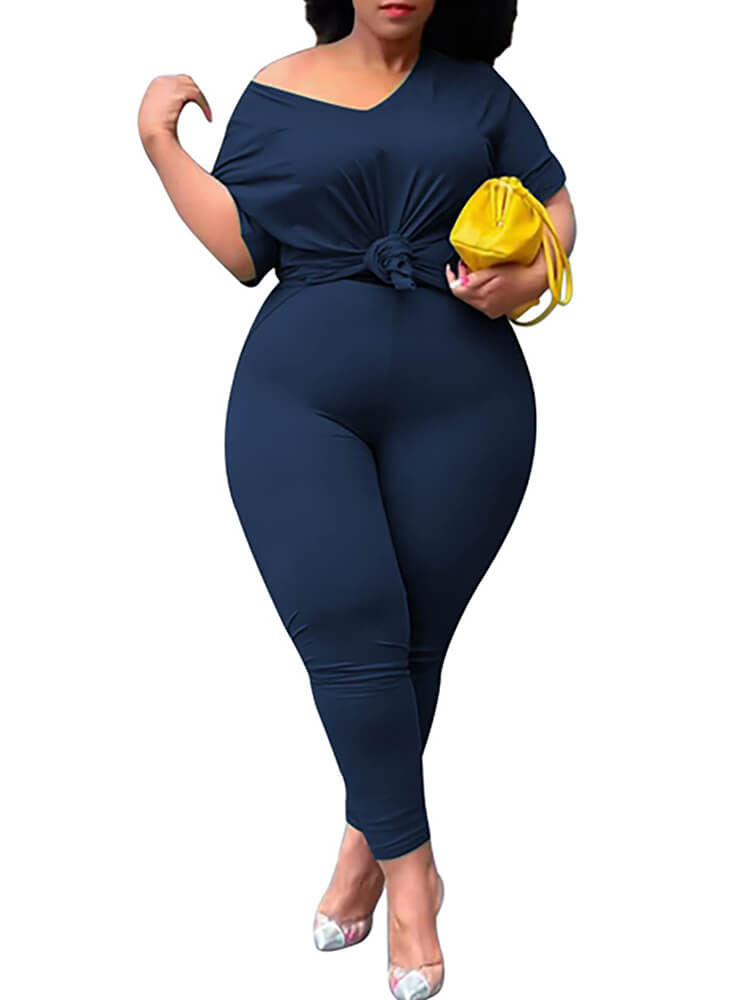 flowersverse Plus Size Short Sleeve Tops Bodycon Long Pants Set
