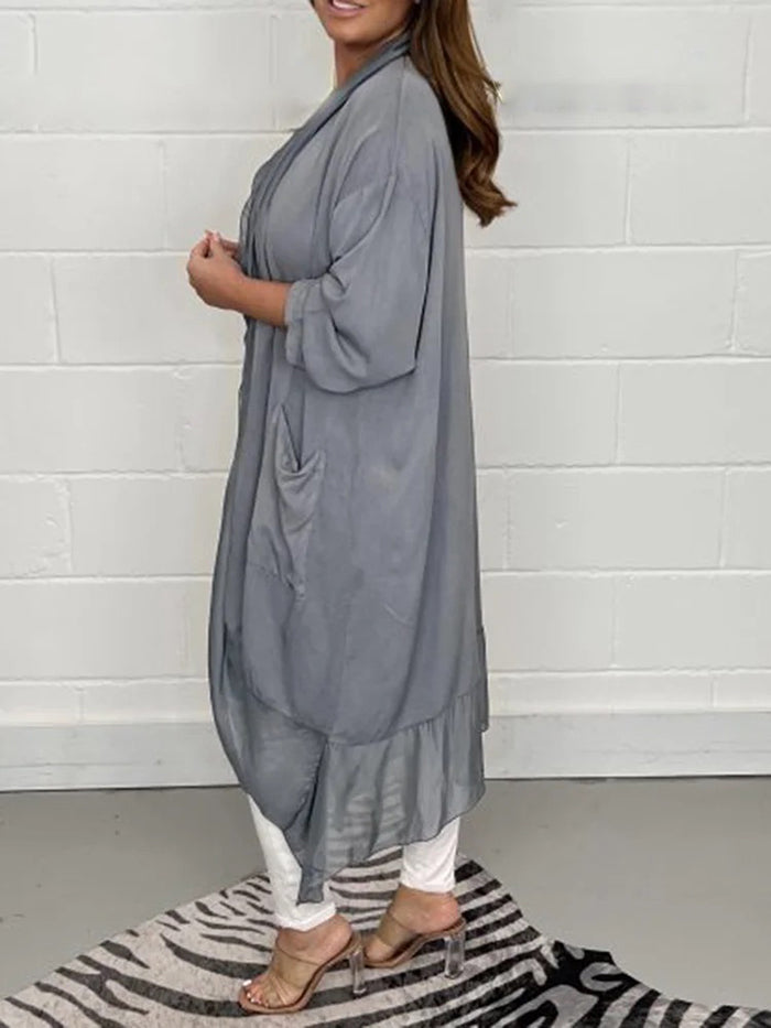 flowersverse Mesh Pockets Solid Color Split-Joint Long Sleeves Loose V-Neck Outerwear