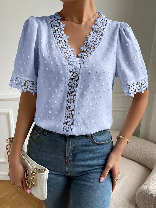 flowersverse Applique Solid Color Loose Short Sleeves V-neck Blouses&shirts Tops