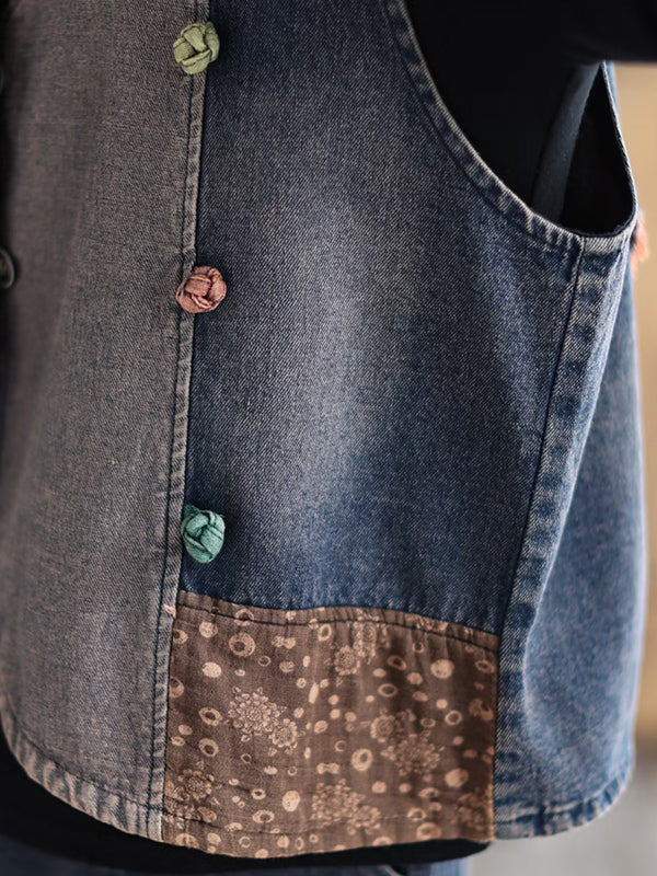 flowersverse Loose Split-Joint V-Neck Vest Top + Jean Harem Pants Bottoms Two Pieces Set