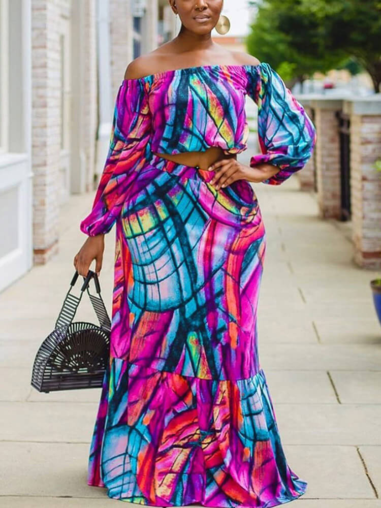 flowersverse Plus Size Off Shoulder Printed Crop Top Skirt Set