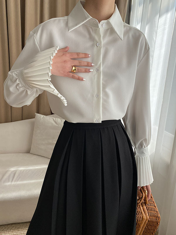 flowersverse Solid Color Flared Sleeves Lapel Blouses&Shirts Tops