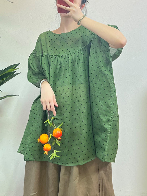 flowersverse Polka-Dot Split-Joint Half Sleeves Loose Round-neck Blouses&shirts Tops