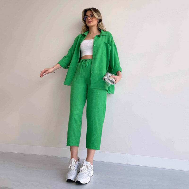 flowersverse Plus Size Women's Fall Casual Loose Shirt Coat Cropped Sport Harem Pants Two-Piece Set