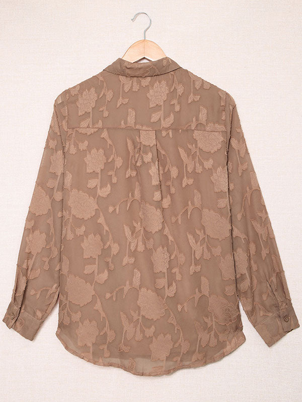 flowersverse Jacquard See-Through Solid Color Long Sleeves Lapel Blouses&Shirts Tops
